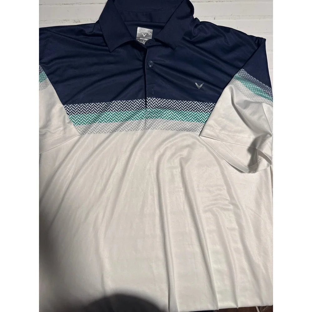 Callaway Opti-Dri Golf Polo Shirt Navy Blue‎ White Chevron Stripe Mens Large L